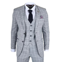 Gray checkered suit with a white shirt, black tie, and pocket square on a white background