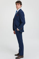 Heren marineblauw 3-delig pak met bruine afwerking, klassiek vogeloog, vintage, bruiloft, bruidegom