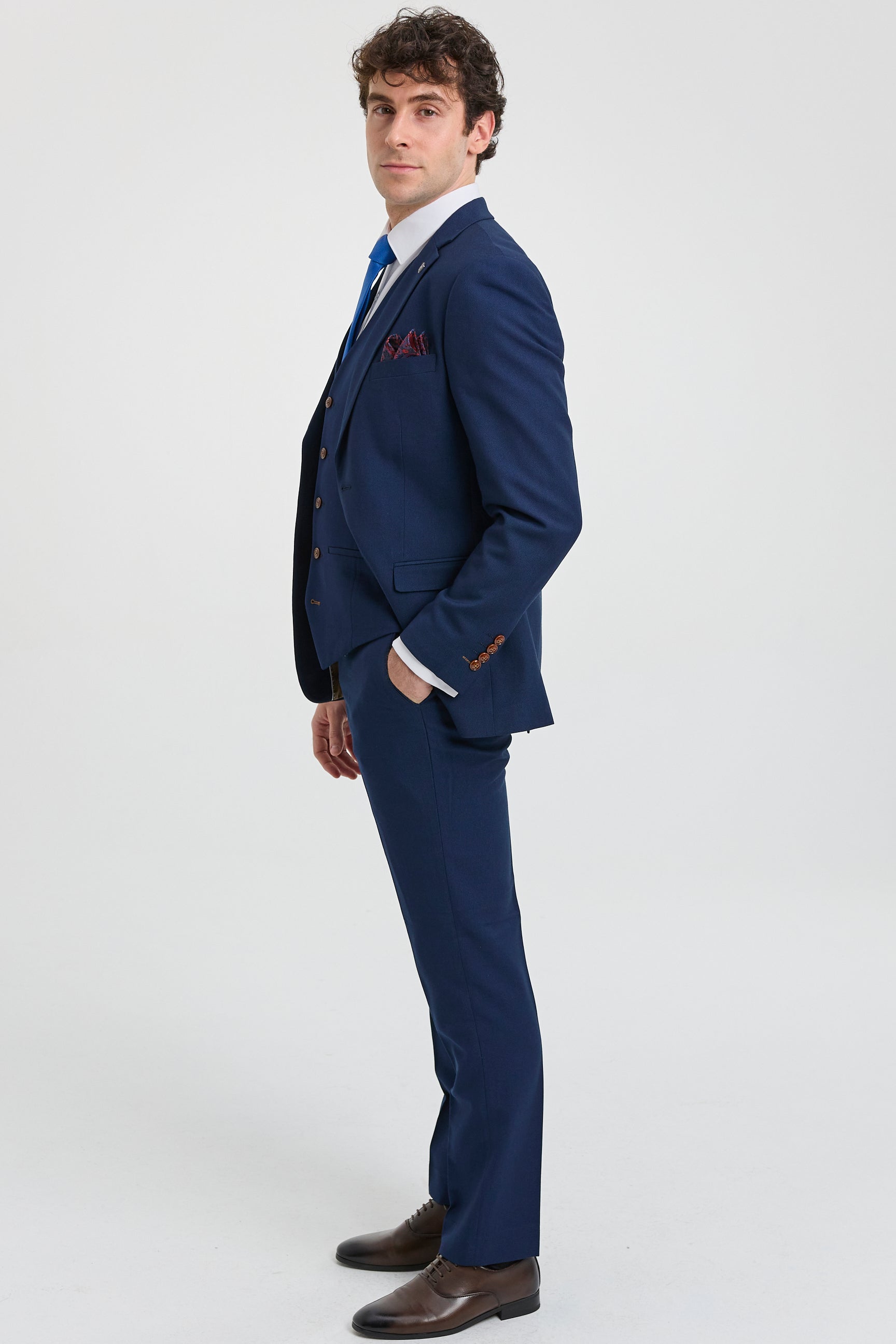 Heren marineblauw 3-delig pak met bruine afwerking, klassiek vogeloog, vintage, bruiloft, bruidegom