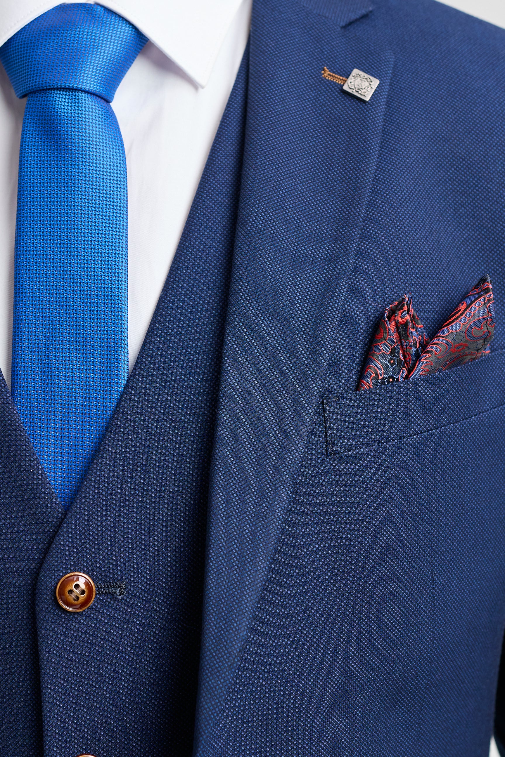 Heren marineblauw 3-delig pak met bruine afwerking, klassiek vogeloog, vintage, bruiloft, bruidegom