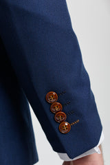 Heren marineblauw 3-delig pak met bruine afwerking, klassiek vogeloog, vintage, bruiloft, bruidegom