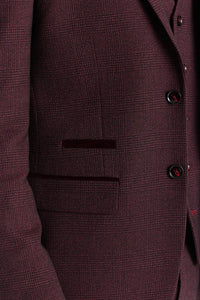 Regent - Men's Wine 3 Piece Prince Of Wales Checked Suit