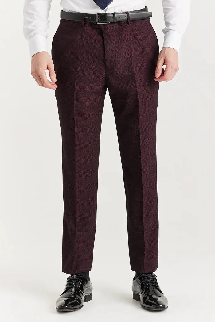 Regent - Men's Wine 3 Piece Prince Of Wales Checked Suit