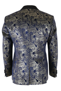 STZ63 - Heren fluwelen paisley bloemenprint blauw-gouden smokingblazer