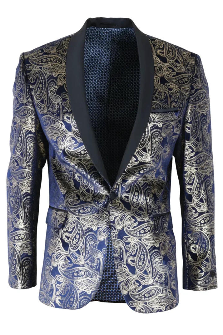 STZ63 - Heren fluwelen paisley bloemenprint blauw-gouden smokingblazer