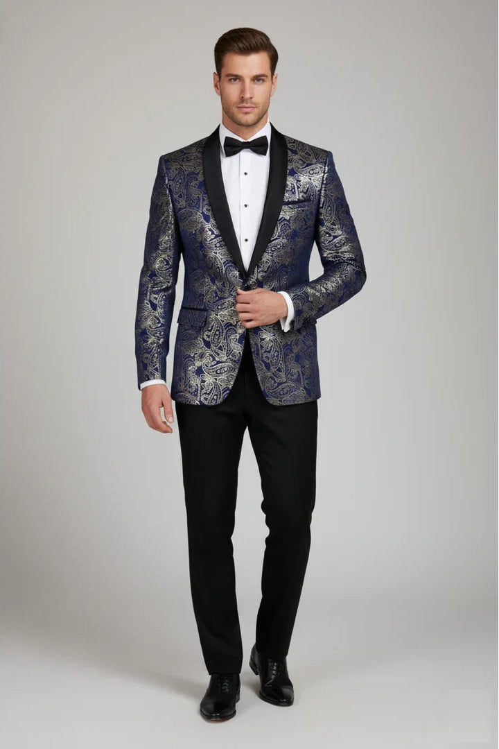 STZ63 - Heren fluwelen paisley bloemenprint blauw-gouden smokingblazer