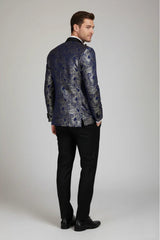STZ63 - Heren fluwelen paisley bloemenprint blauw-gouden smokingblazer