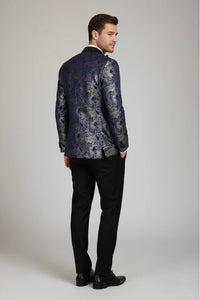 STZ63 - Heren fluwelen paisley bloemenprint blauw-gouden smokingblazer