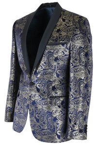 STZ63 - Heren fluwelen paisley bloemenprint blauw-gouden smokingblazer