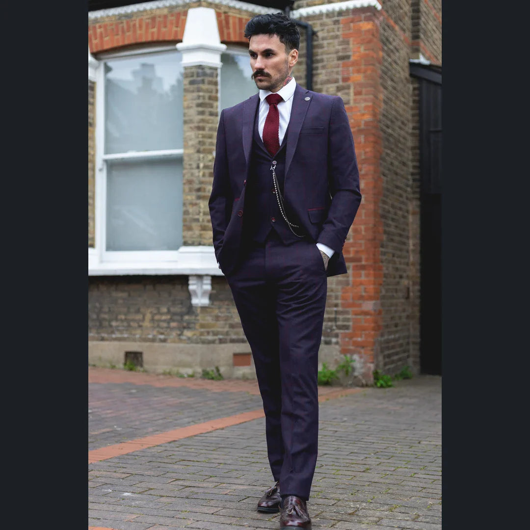 Heren 3-delig pak wollen tweed pruim wijn ruit jaren 20 Gatsby