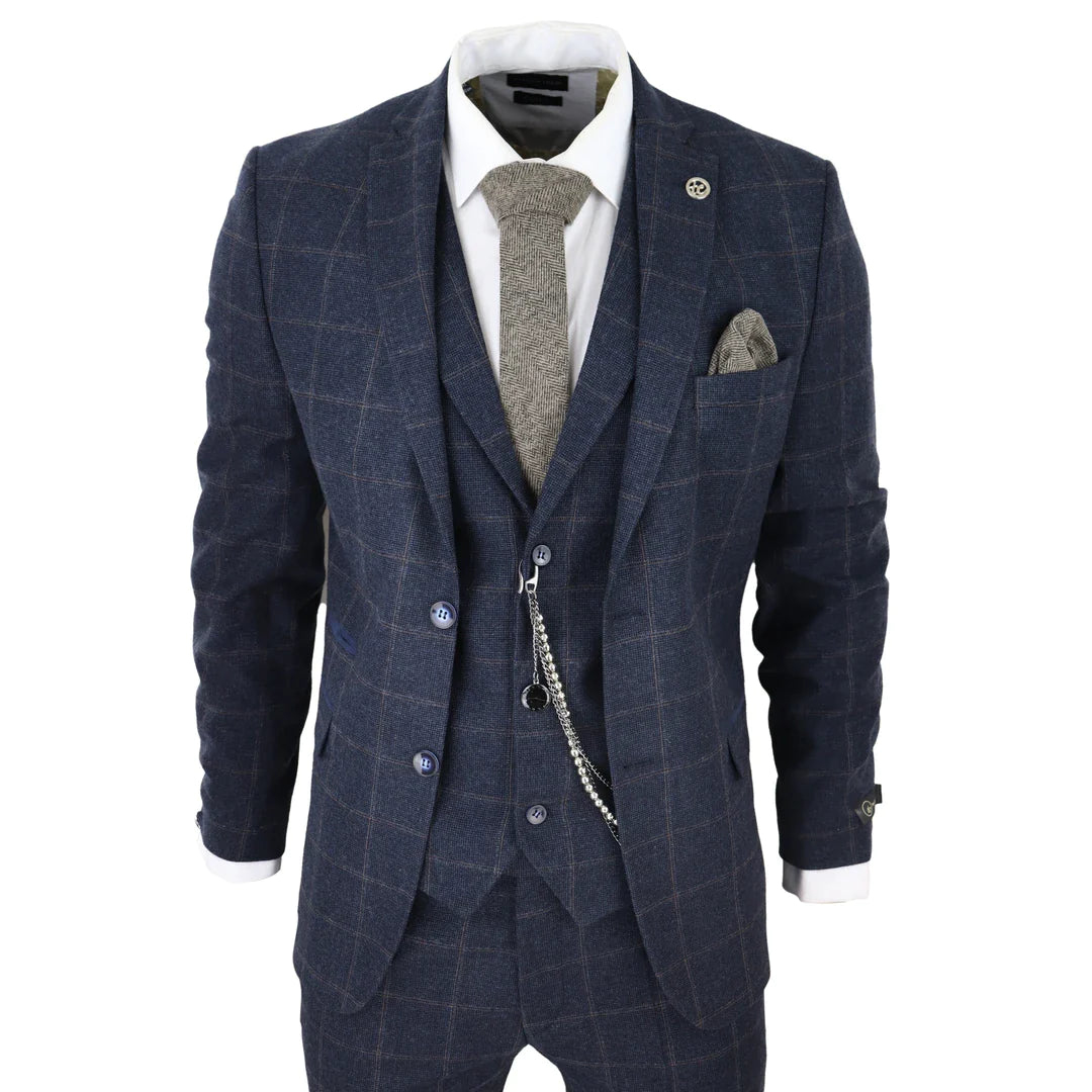 Men's 3 Piece Suit Wool Tweed Navy Blue Brown Check 1920s Gatsby