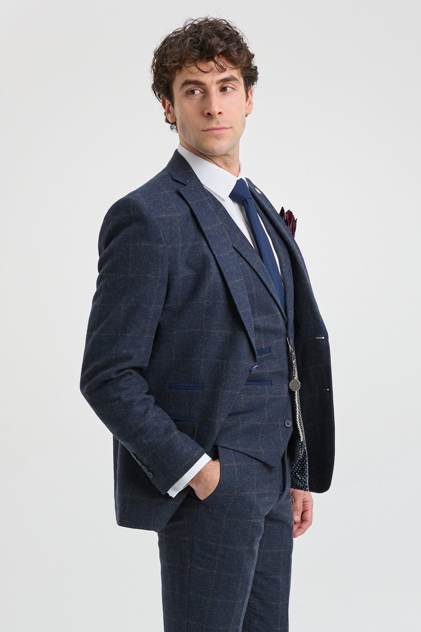 Heren 3-delig pak wollen tweed marineblauw bruin geruit jaren 20 Gatsby