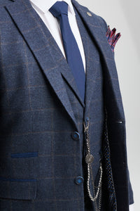Heren 3-delig pak wollen tweed marineblauw bruin geruit jaren 20 Gatsby