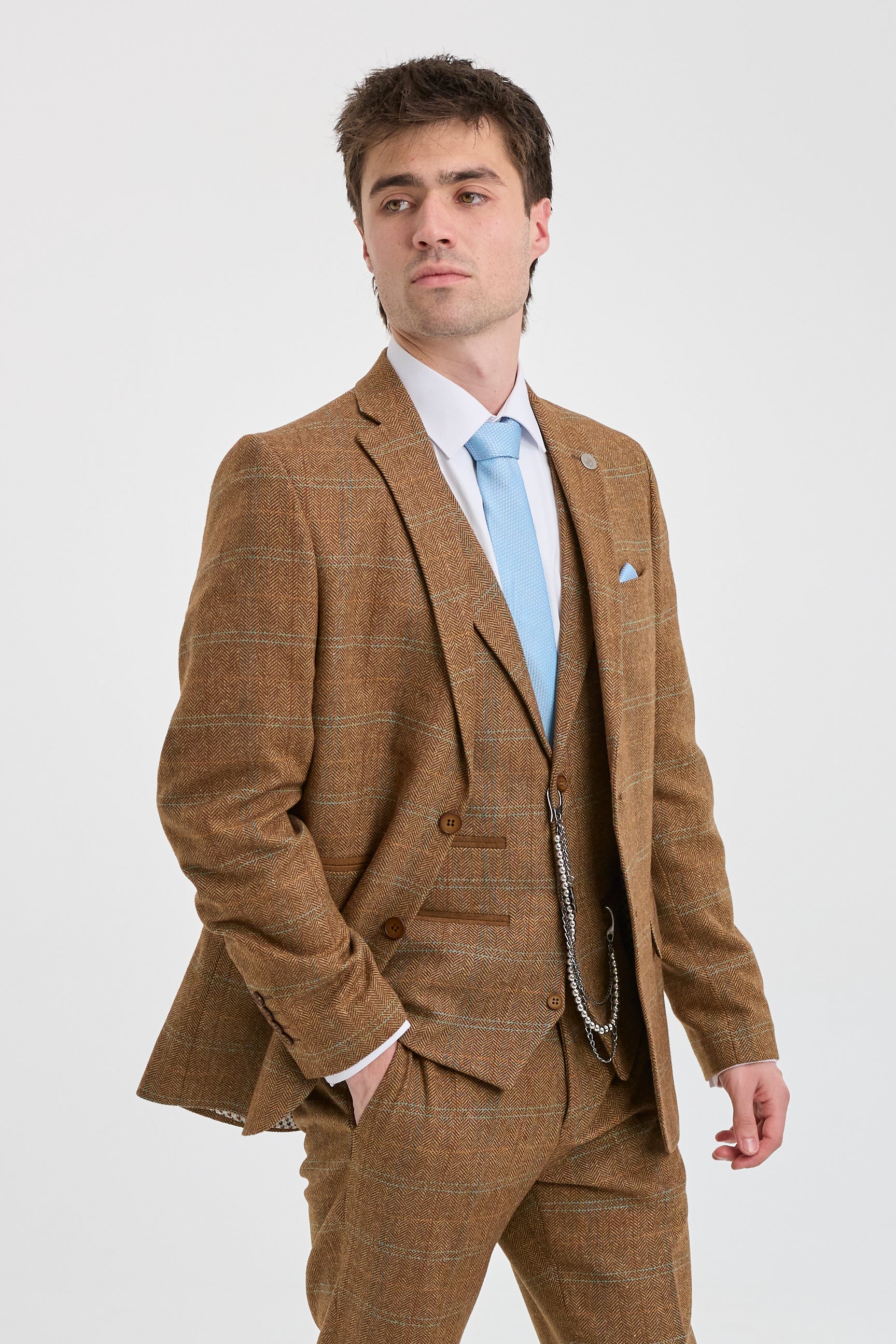 Heren 3-delig pak wollen tweed visgraat bruin blauw ruit jaren 20 Gatsby