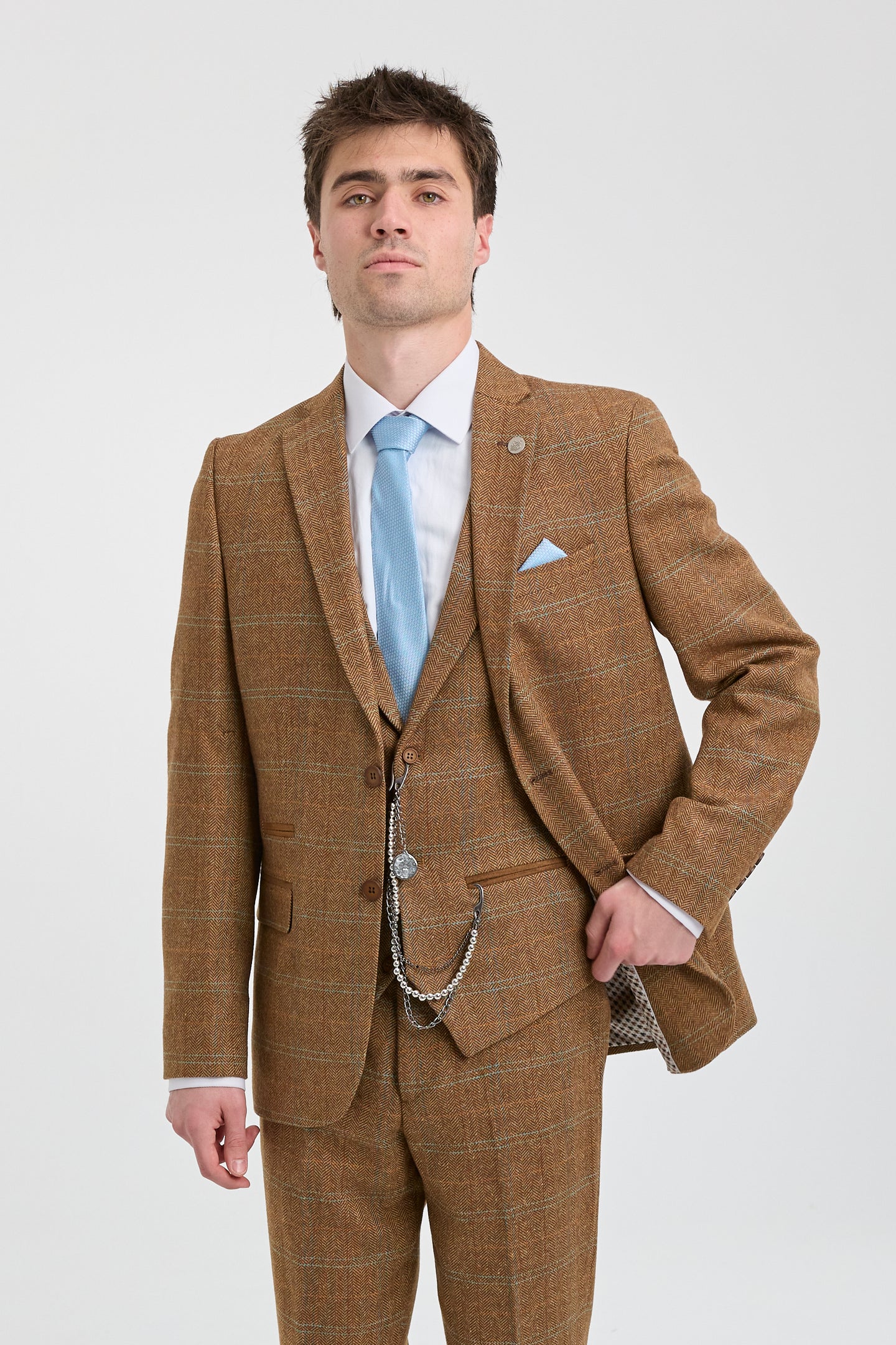 Heren 3-delig pak wollen tweed visgraat bruin blauw ruit jaren 20 Gatsby
