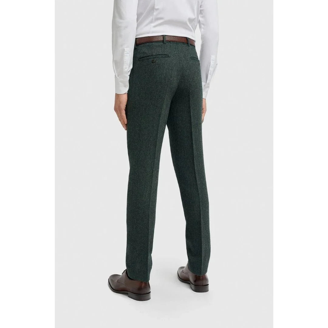 Thomas - Heren olijfkleurige wolmix visgraat tweed broek