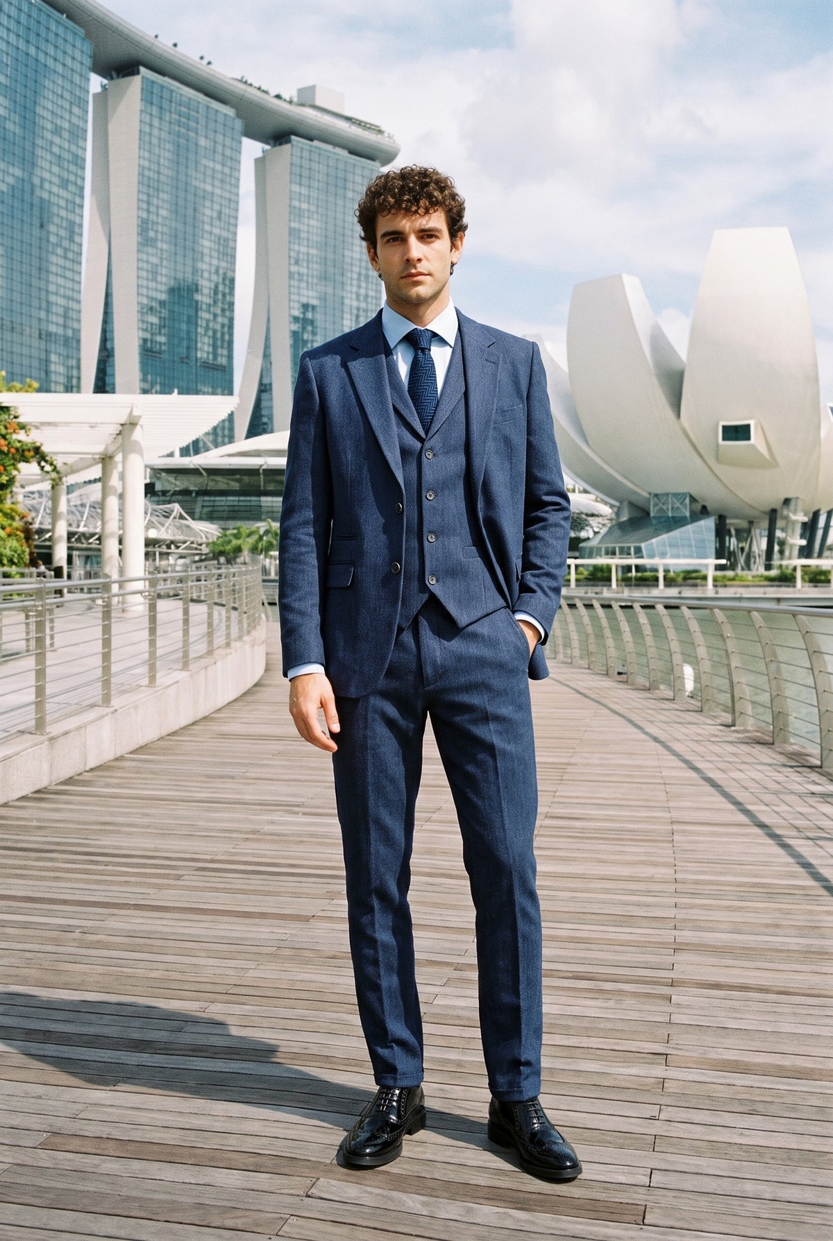 Look #989 styled with Marineblauw driedelig tweedpak met visgraatmotief voor heren