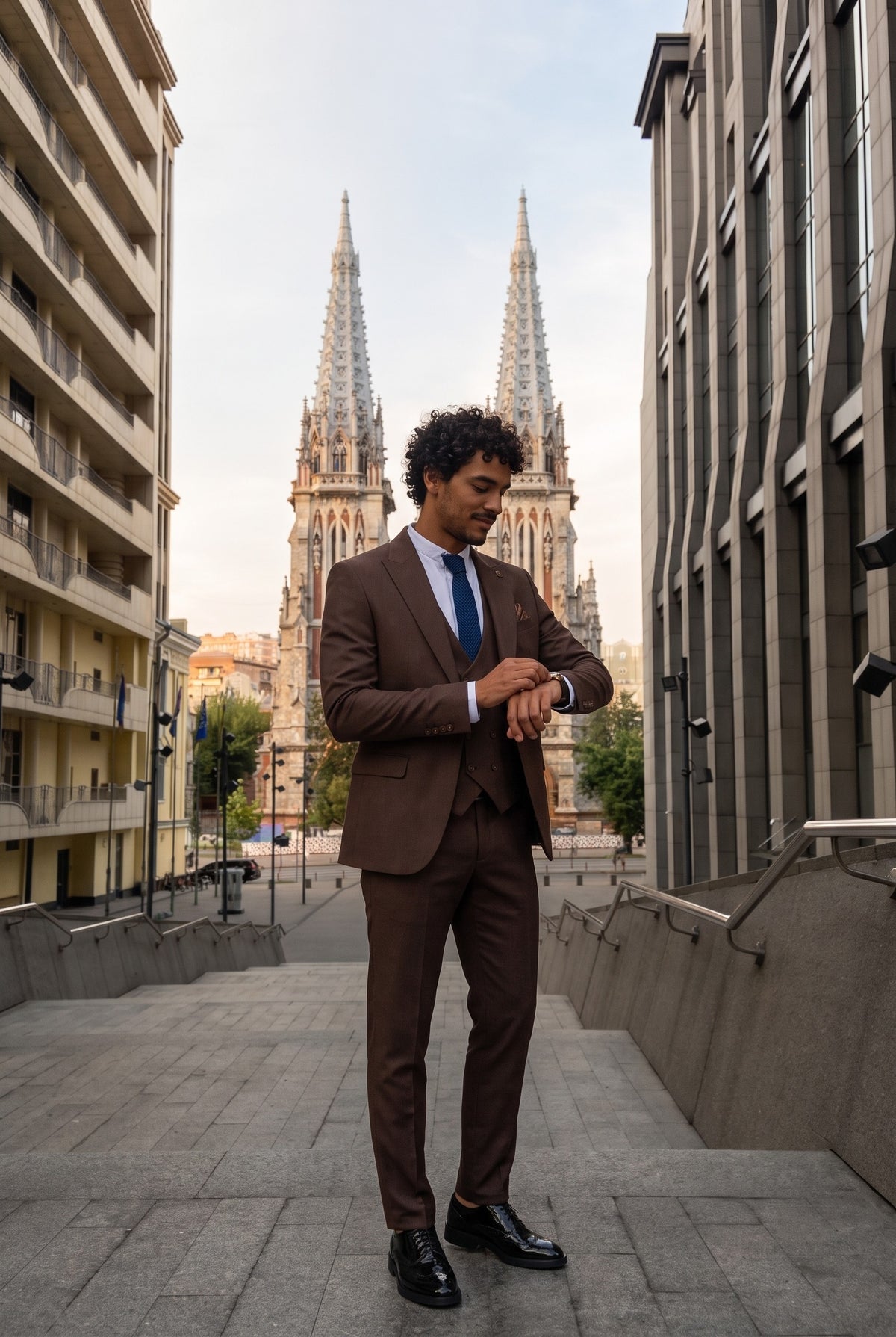 Look #305 styled with IM32 - Heren effen donkerbruin 3-delig pak