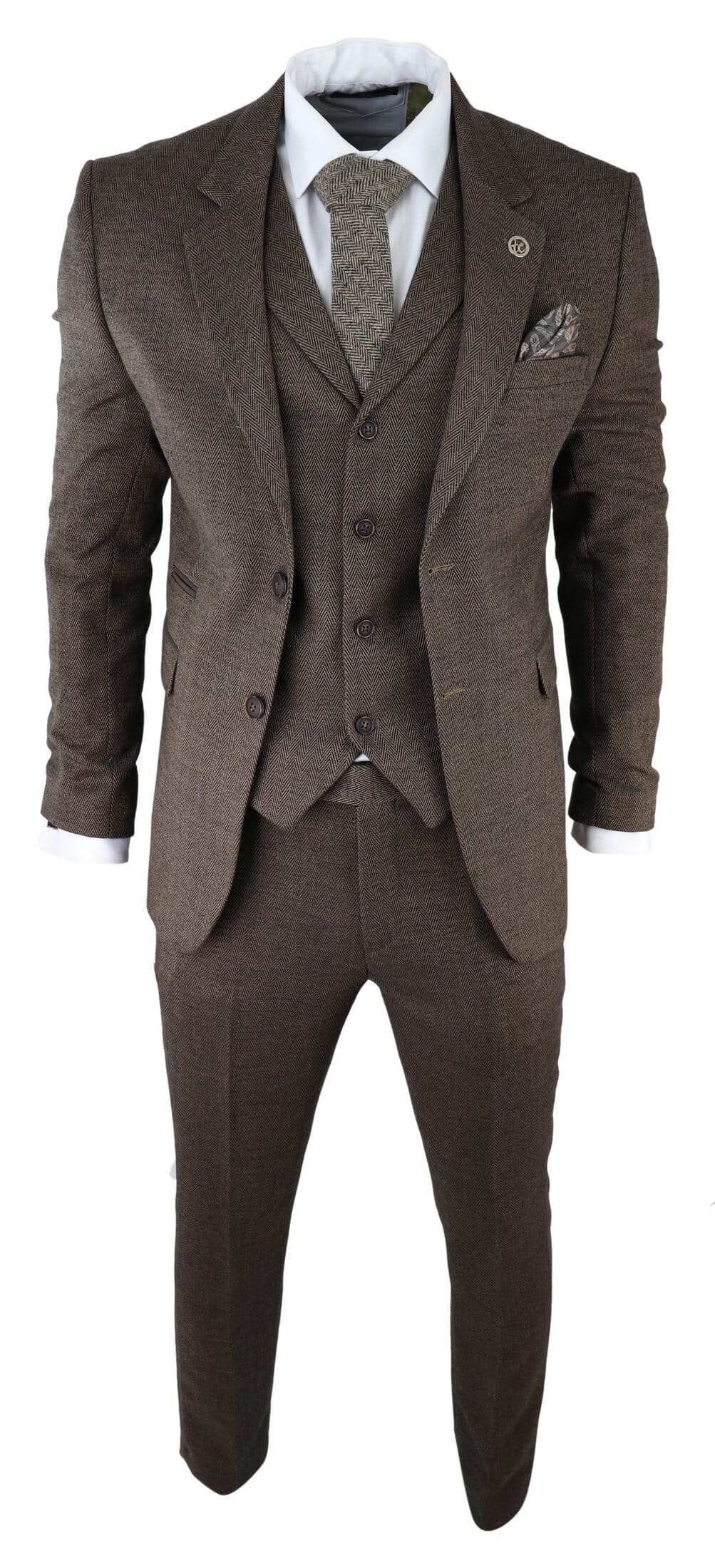 Mens Retro Pak 3 Stuks Tweed Visgraat Wol Smoking Jurk Blazer Voor Bruiloft, BRON, 56 Mens Retro Pak 3 Stuks Tweed Visgraat Wol Smoking Jurk Blazer Voor Bruiloft, BRON, 56