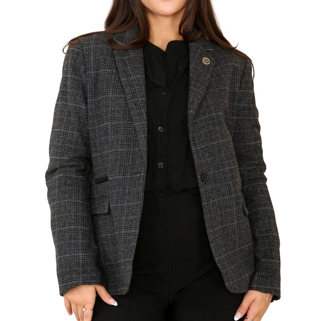 Dames Tweed Geruit Blazer Grijs Pak