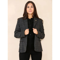 Dames Tweed Geruit Blazer Grijs Pak