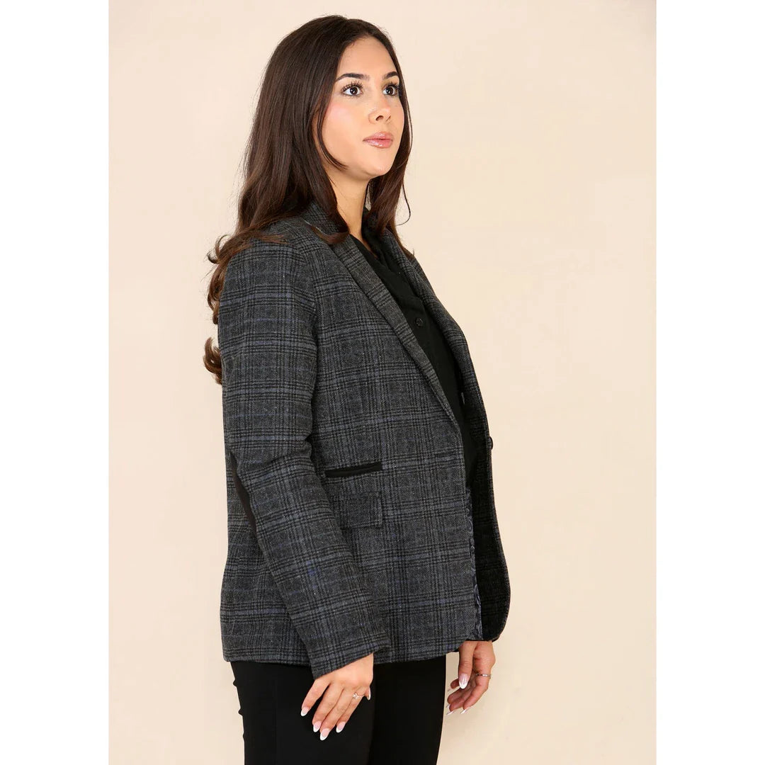 Dames Tweed Geruit Blazer Grijs Pak