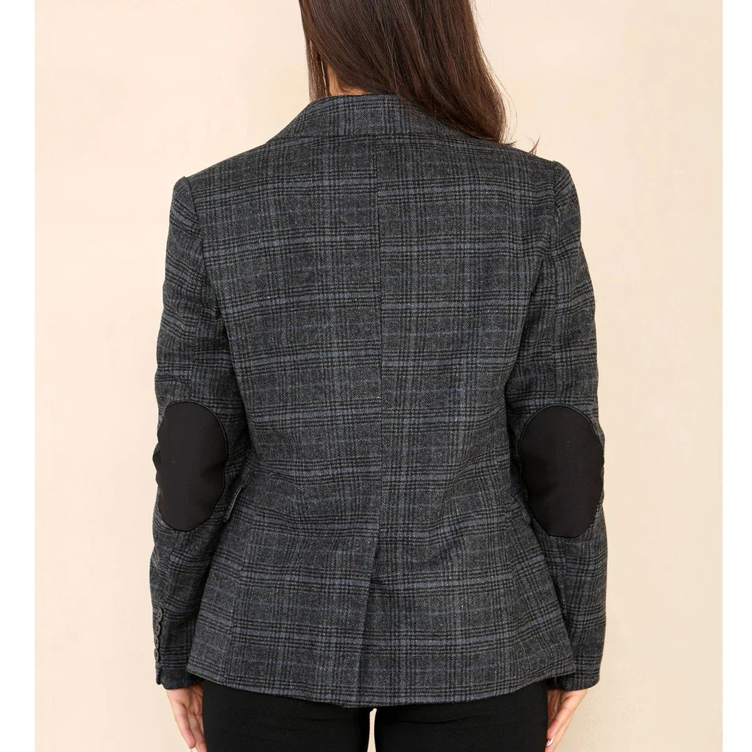 Dames Tweed Geruit Blazer Grijs Pak