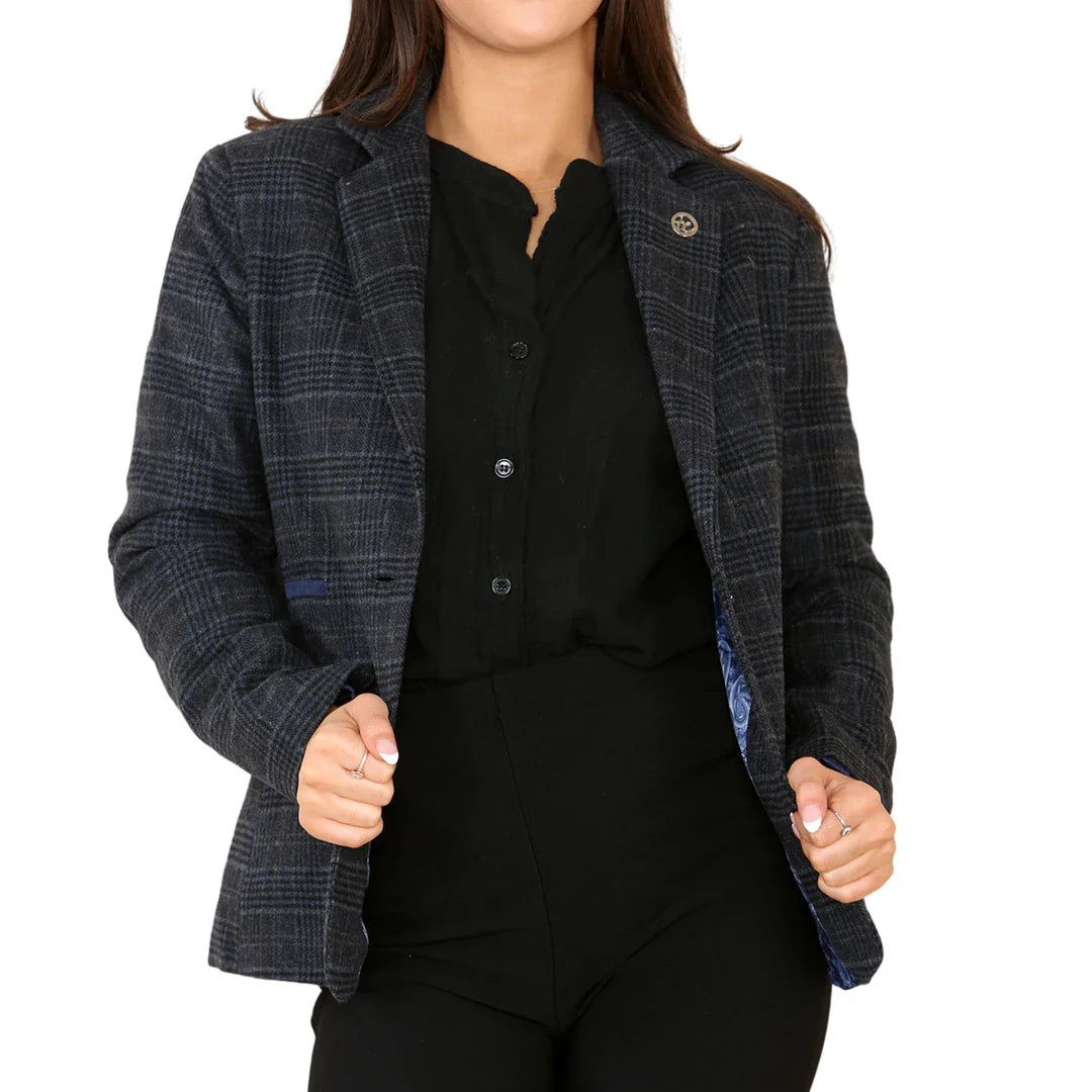 Dames Tweed Geruit Blazer Blauw Pak