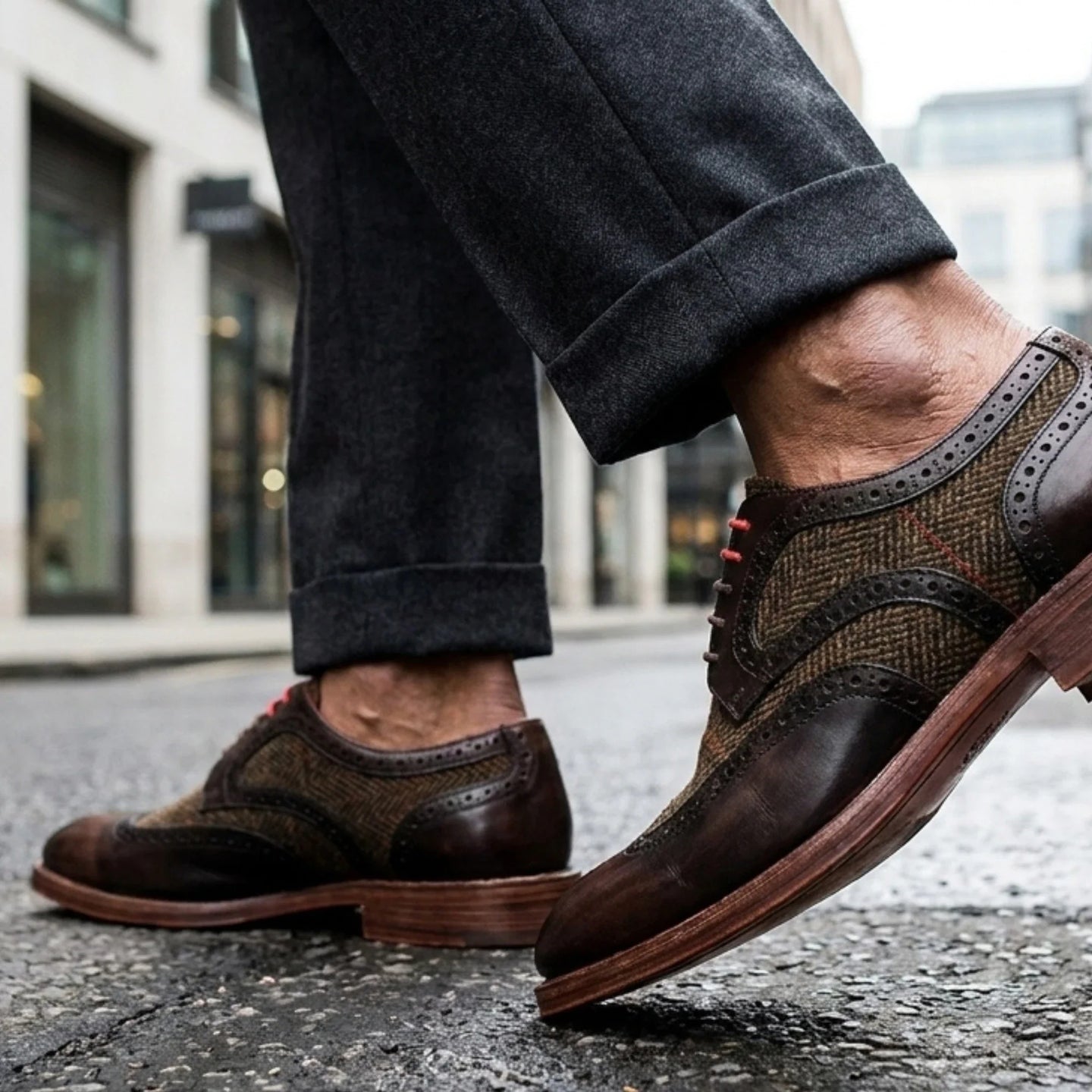 Arlo - Herenschoenen van bruin leer met tweedprint (broguemodel)