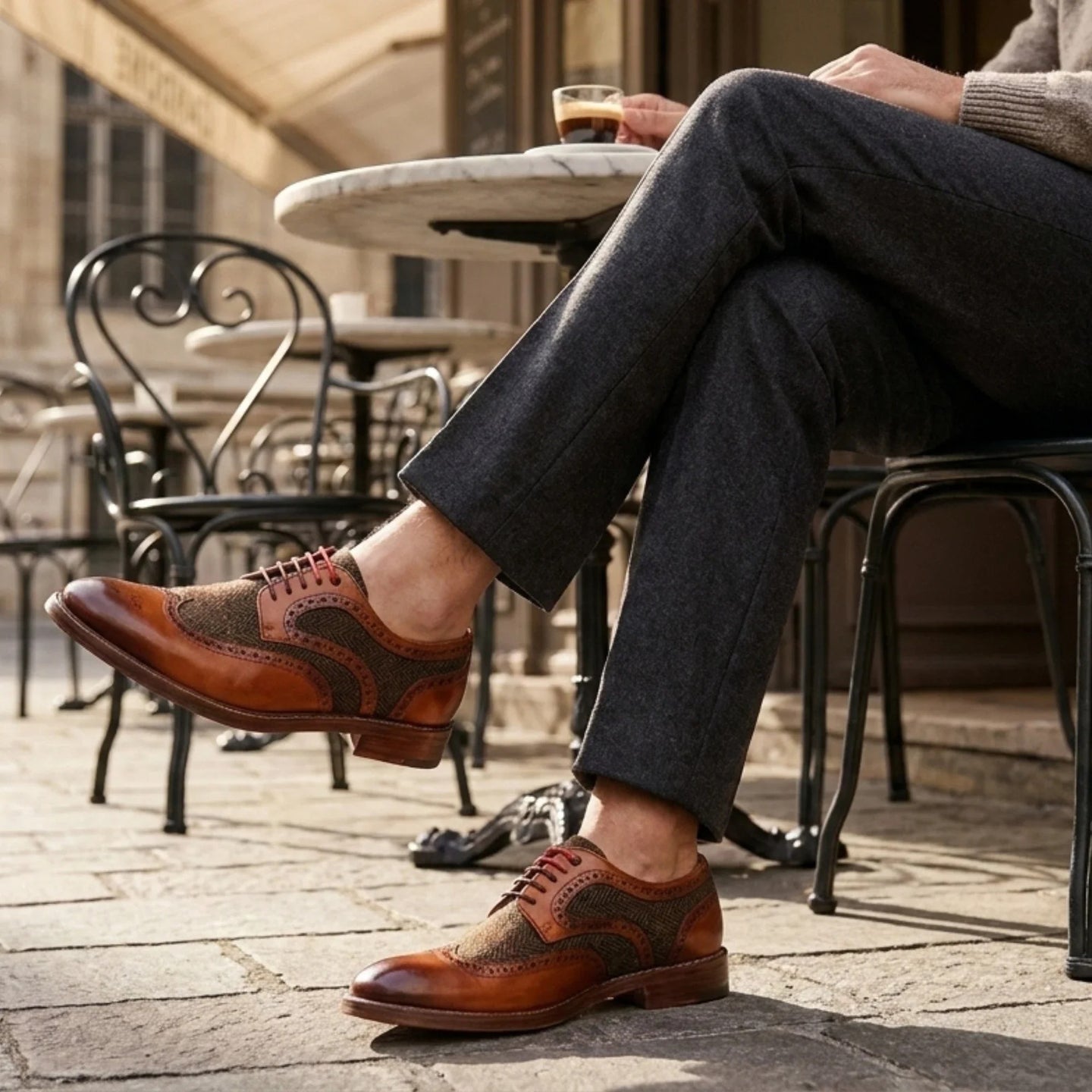 Arlo - Herenschoenen van bruin leer met tweedprint, brogue-model