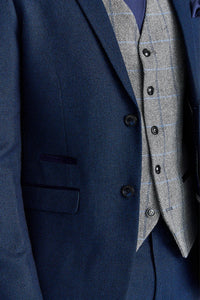 Arthur Navy pak met contrasterend Harris Grey tweed vest.
