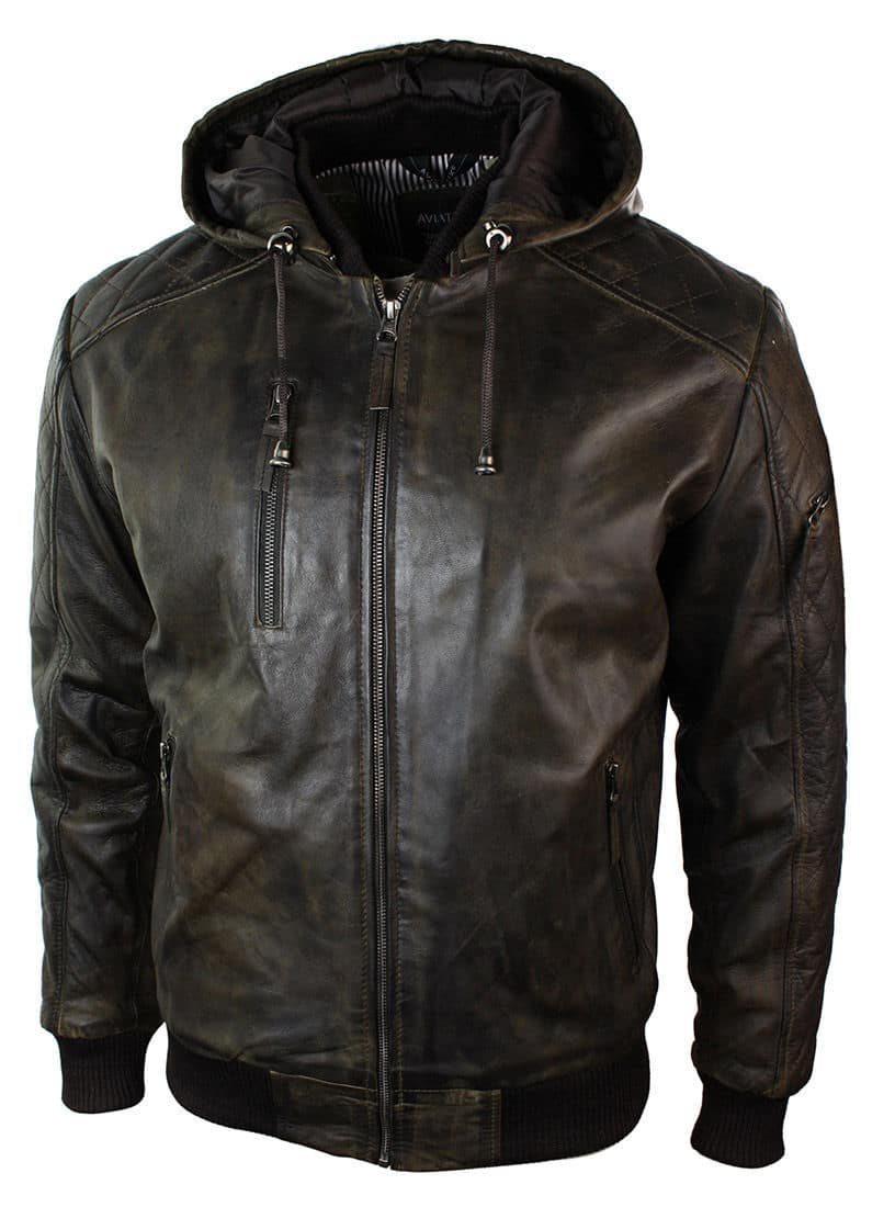 Mens Brown Washed Distressed Removable Hood Bomber Leather Jacket Quilted