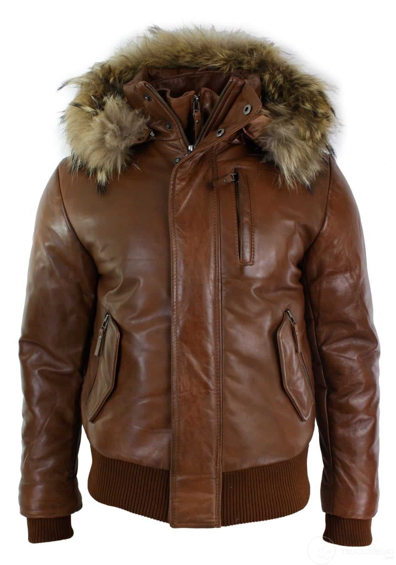 Mens Real Fur Hood Bomber Leather Jacket Black Puffer Padded-Tan