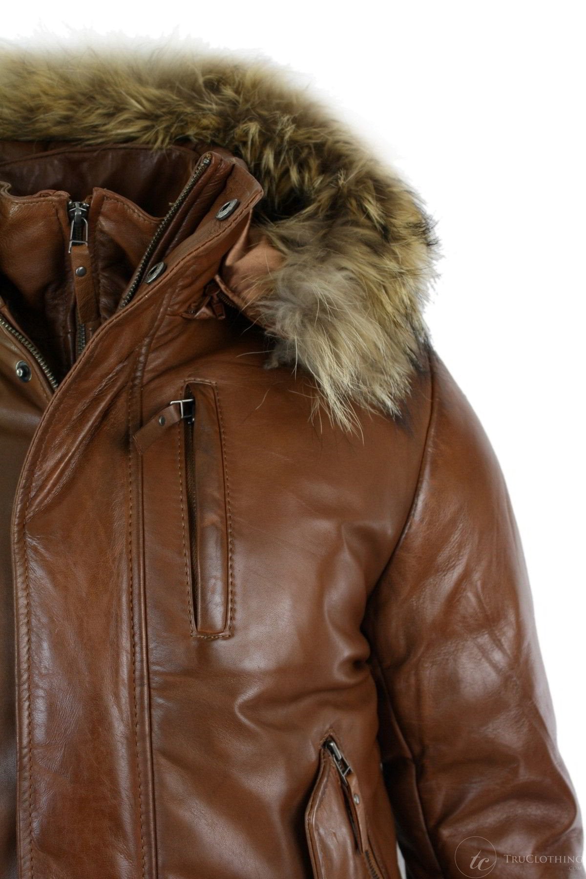 Mens Real Fur Hood Bomber Leather Jacket Black Puffer Padded-Tan