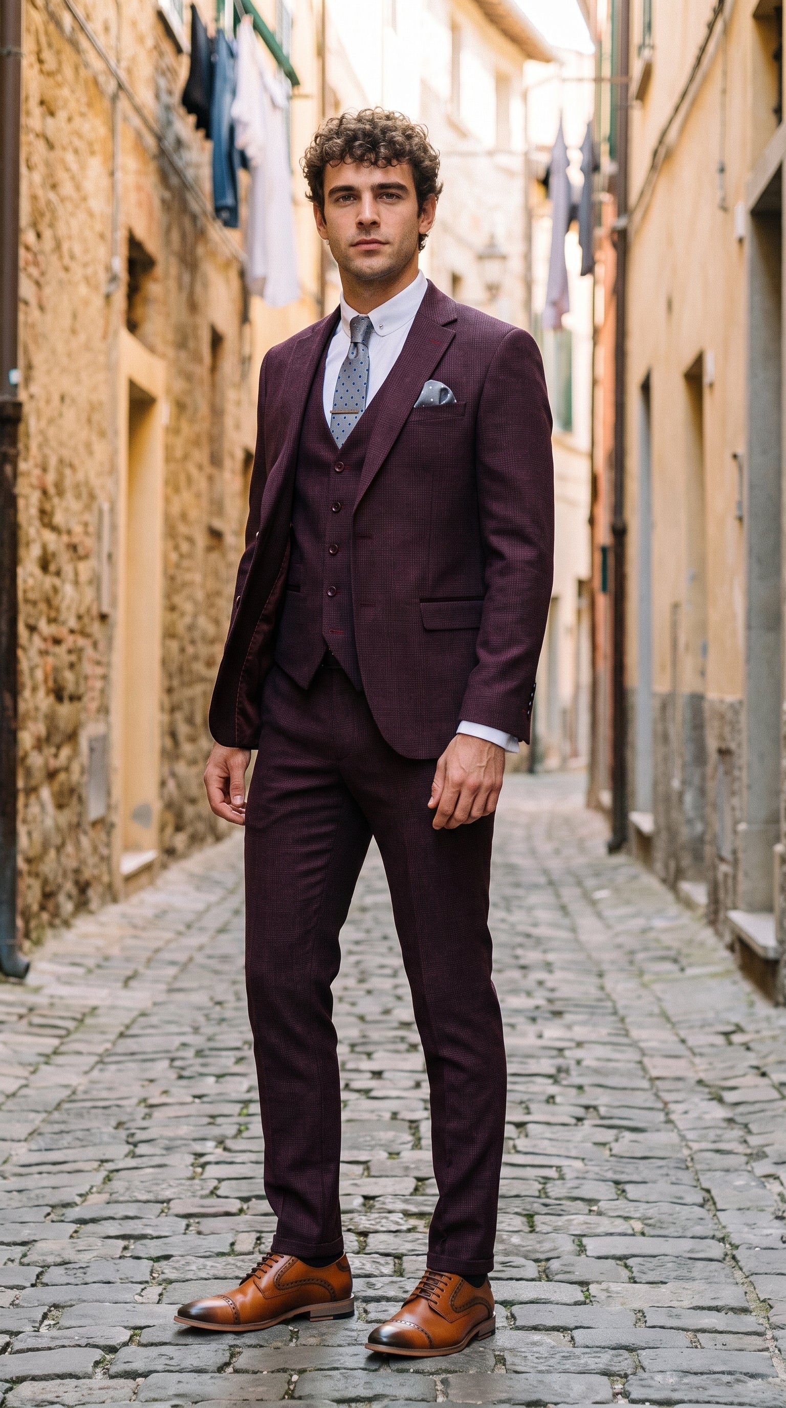 Look #310 styled with Regent - Heren wijnrood 3-delig Prince of Wales geruit pak