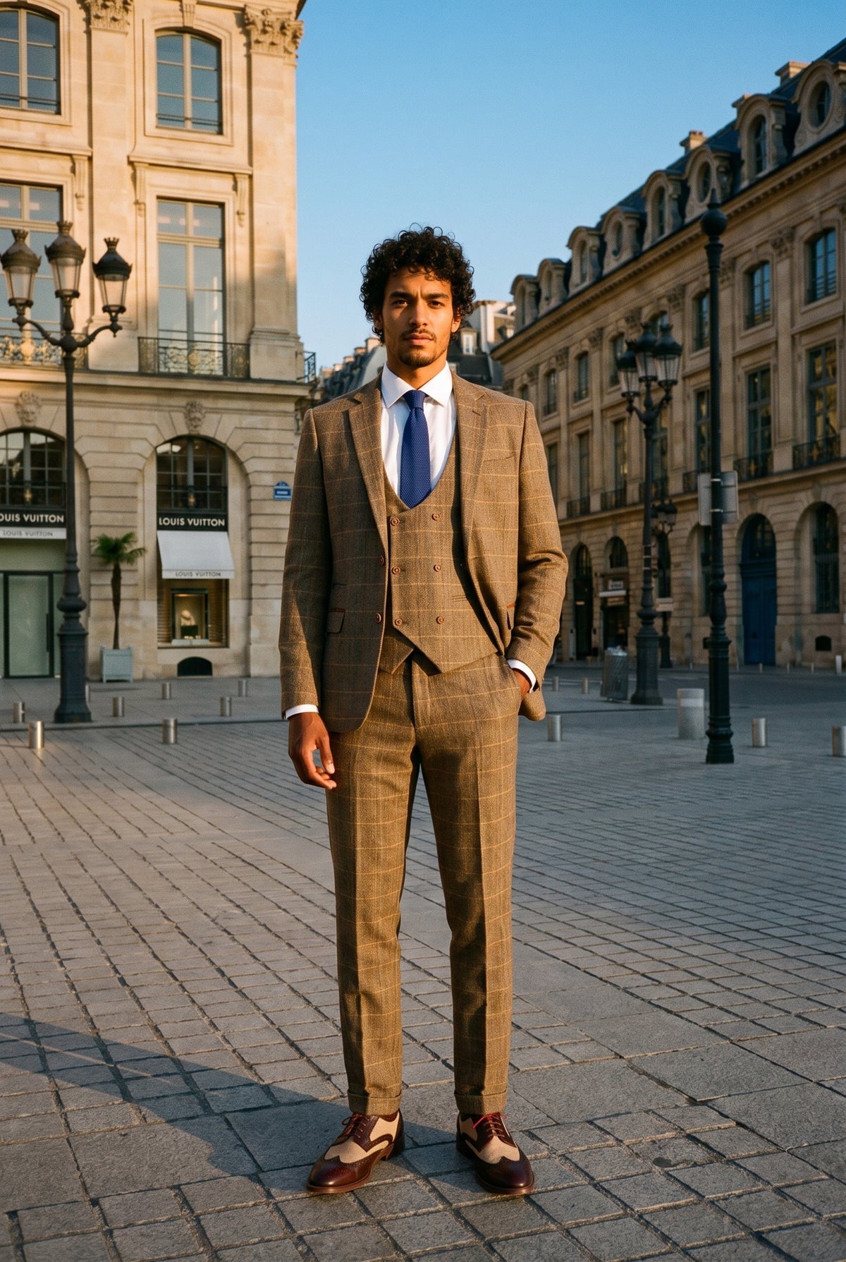 Look #983 styled with Heren 3-delig visgraat tweed bruin geruit pak, getailleerde pasvorm, dubbele klassieke pasvorm