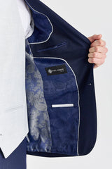 Belmont marineblauw pak met contrasterend Belmont zilverkleurig vest.