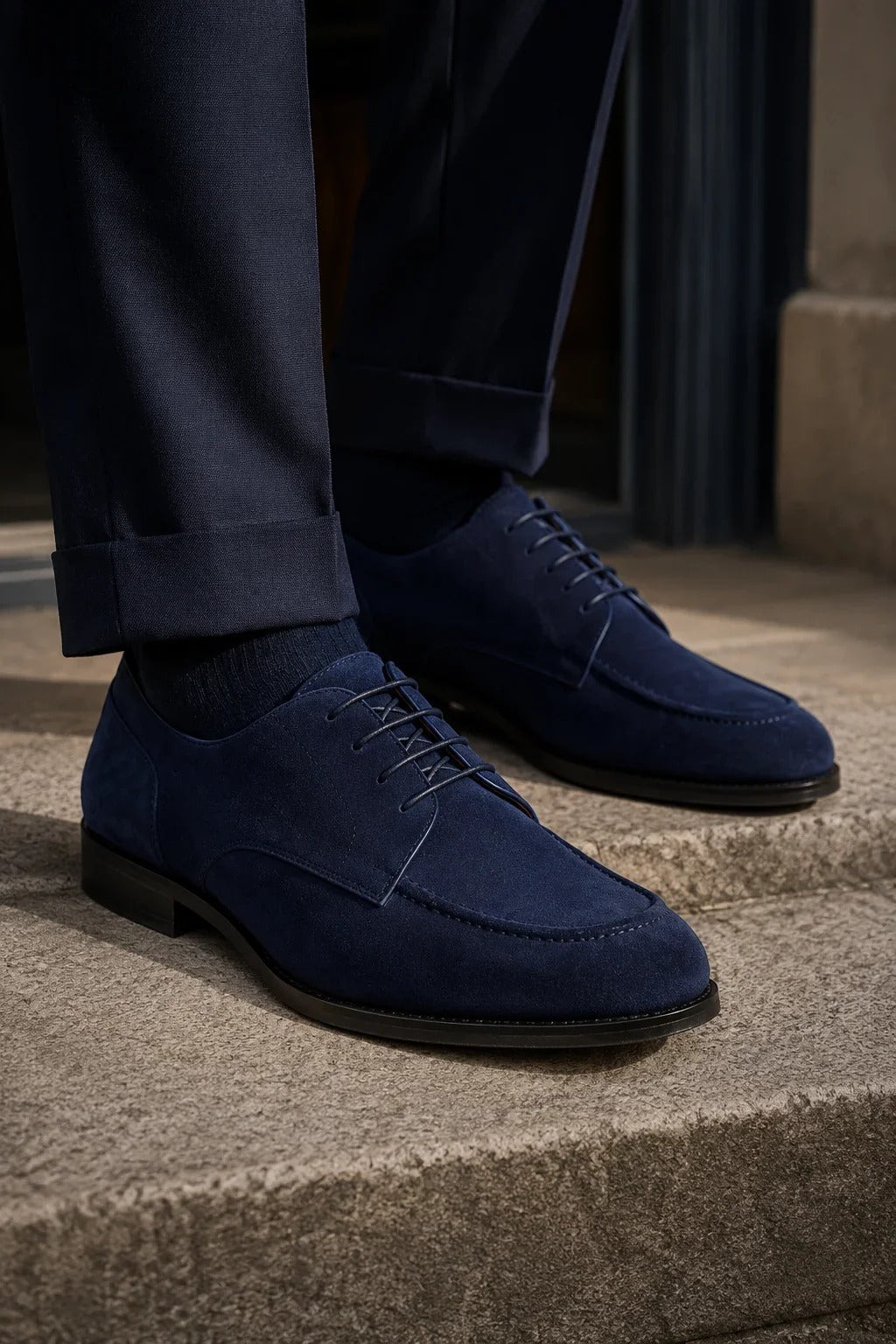 Brera - Klassieke Derby-schoenen met vetersluiting voor heren, gemaakt van marineblauw suède.