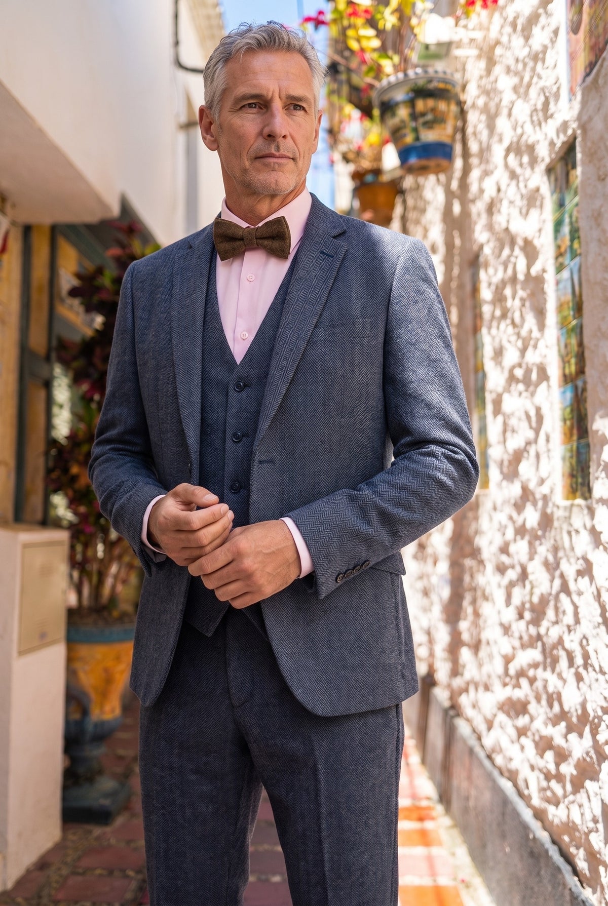 Look #956 styled with Thomas - Heren marineblauw 3-delig wolmix tweed pak