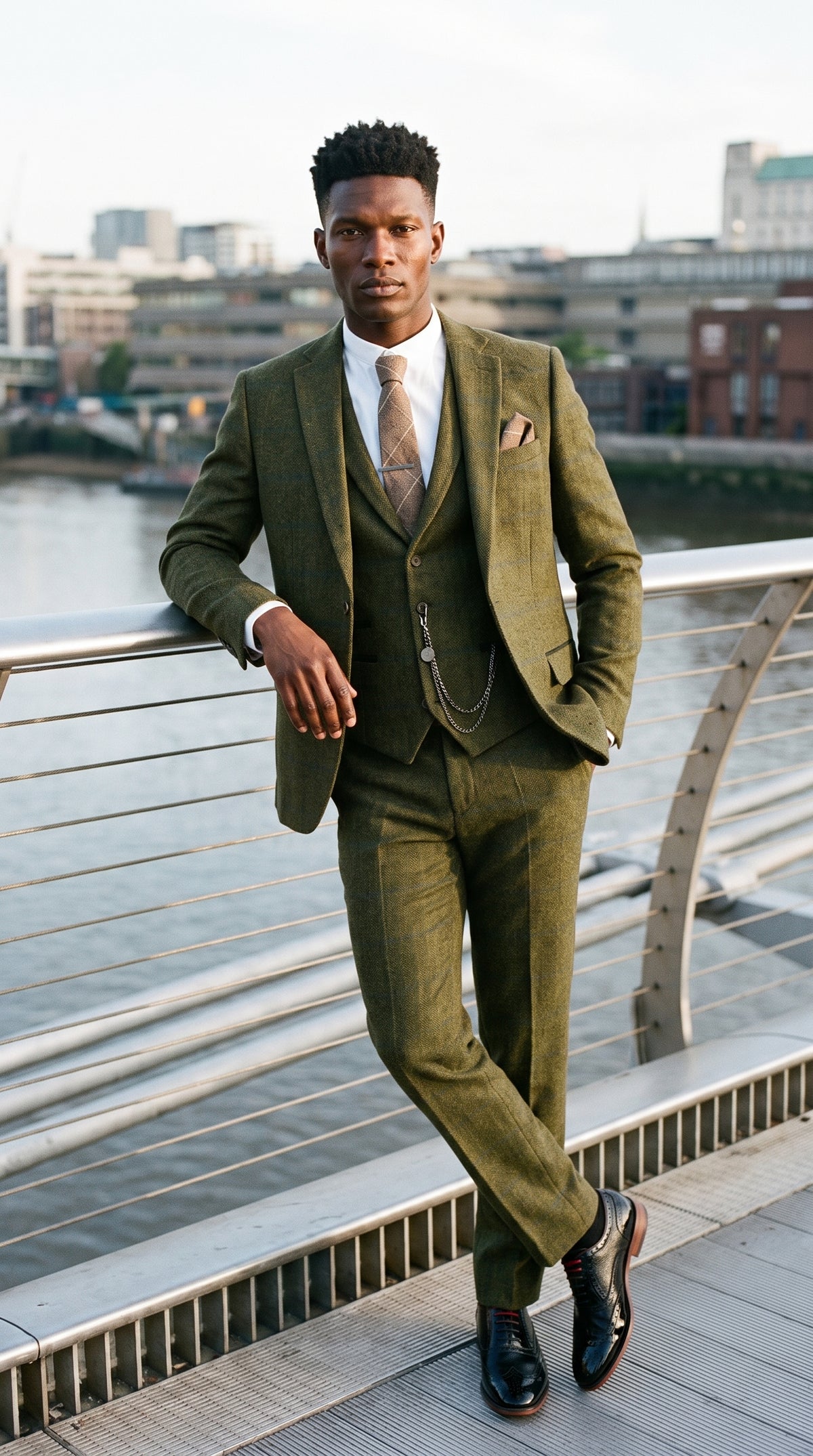 Look #715 styled with Heren 3-delig pak wollen tweed groen blauw bruin ruit jaren 20 Gatsby