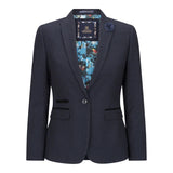 Navy blazer with floral lining on a white background
