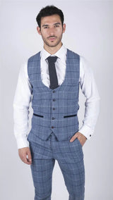 Mens Marc Darcy Light Blue Navy Check Waistcoat Smart Casual Tweed Slim Fit Clinton