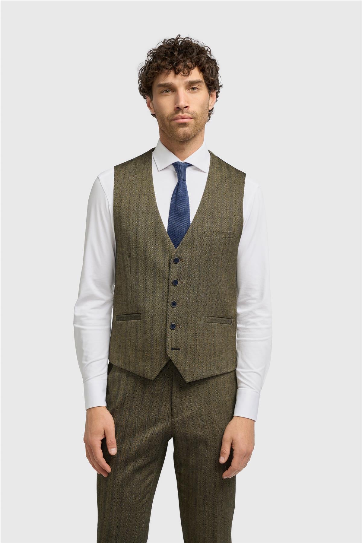 Damon - Heren olijfgroen tweed visgraat gilet