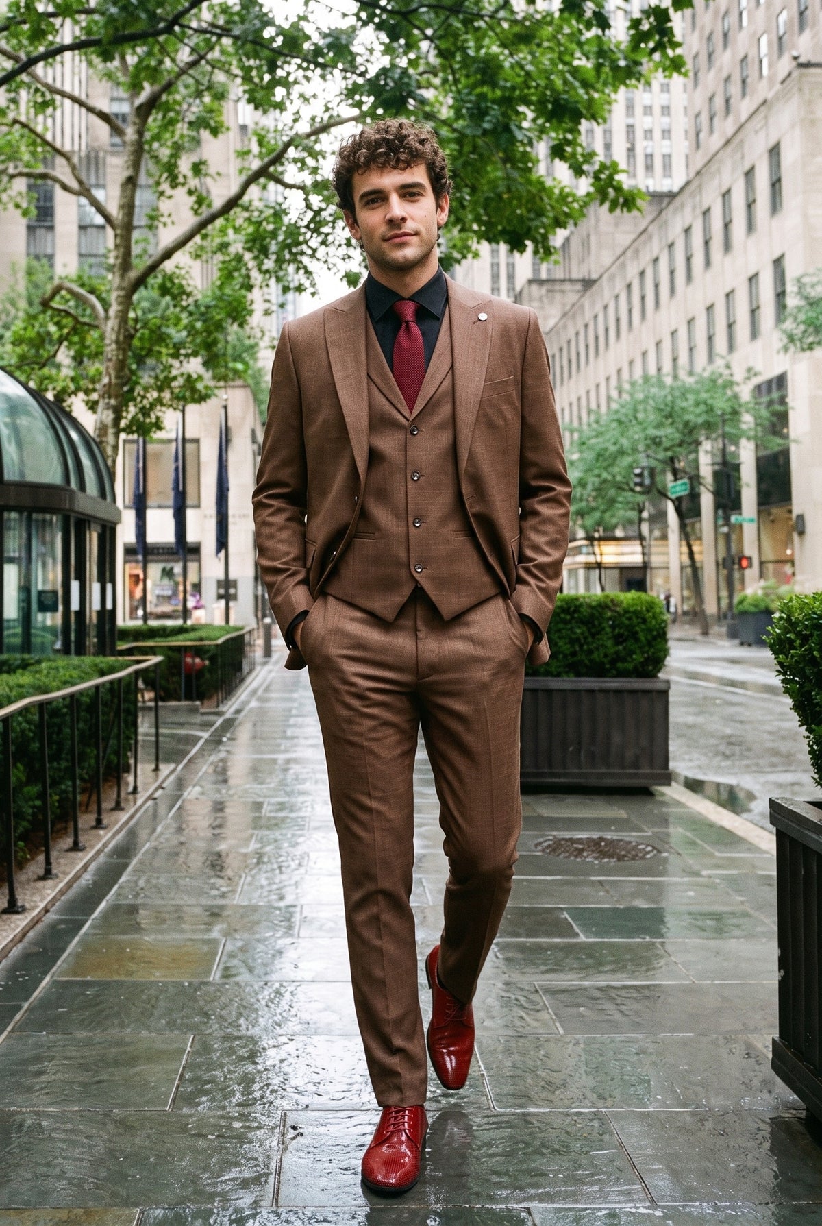 Look #284 styled with James Heren 3-delig Effen Bruin Pak met Klassieke Pasvorm