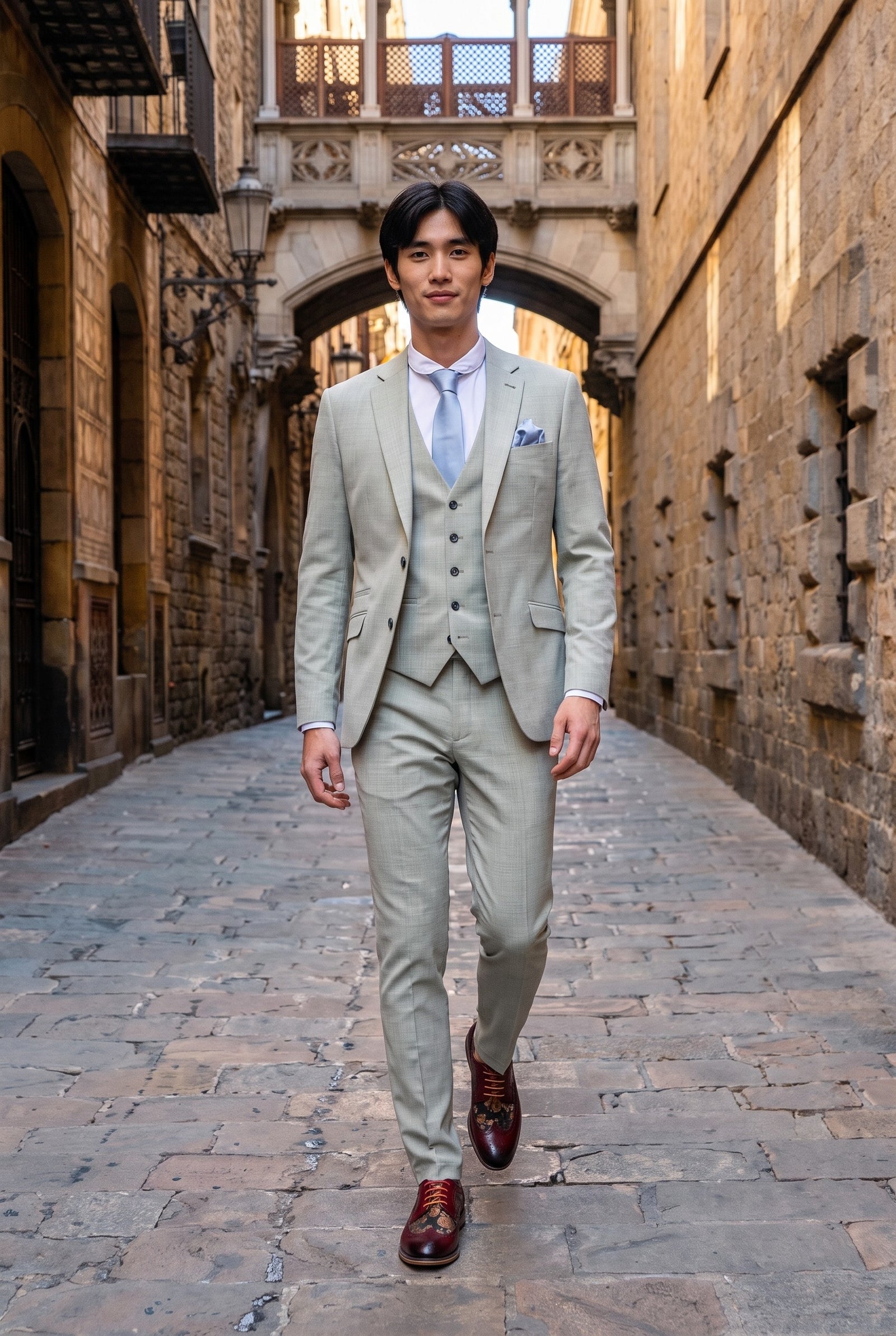 Look #238 styled with Camden - Heren Sage Green 3-delig op maat gemaakt pak