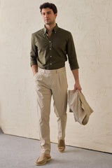 Beige geplooide smart casual broek voor heren, klassieke pasvorm