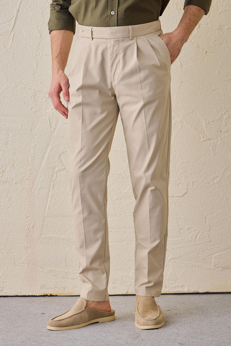 Beige geplooide smart casual broek voor heren, klassieke pasvorm