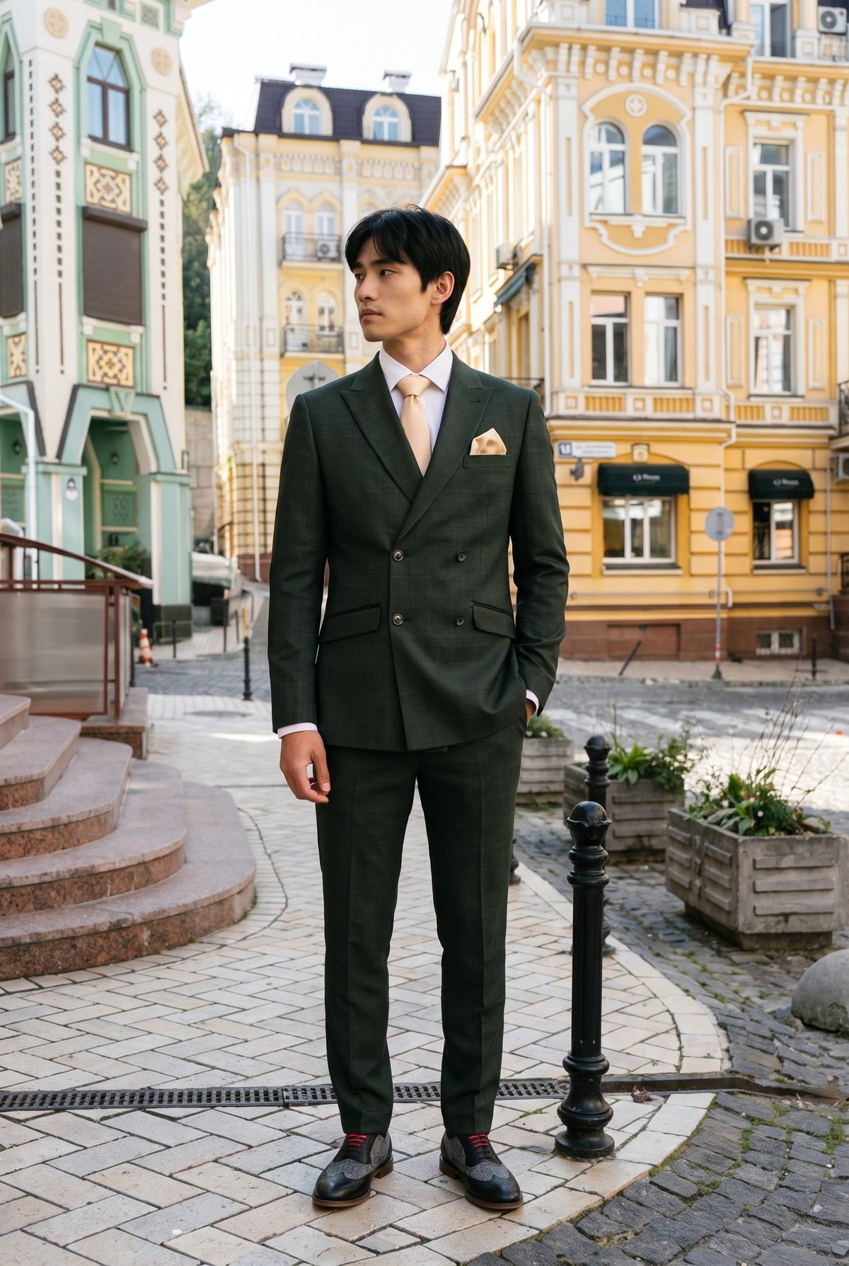Look #780 styled with Caridi - Heren 2-delig olijfgroen dubbelrijs pak