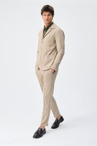 Beige zacht jersey smart casual pak voor heren: blazer en broek.