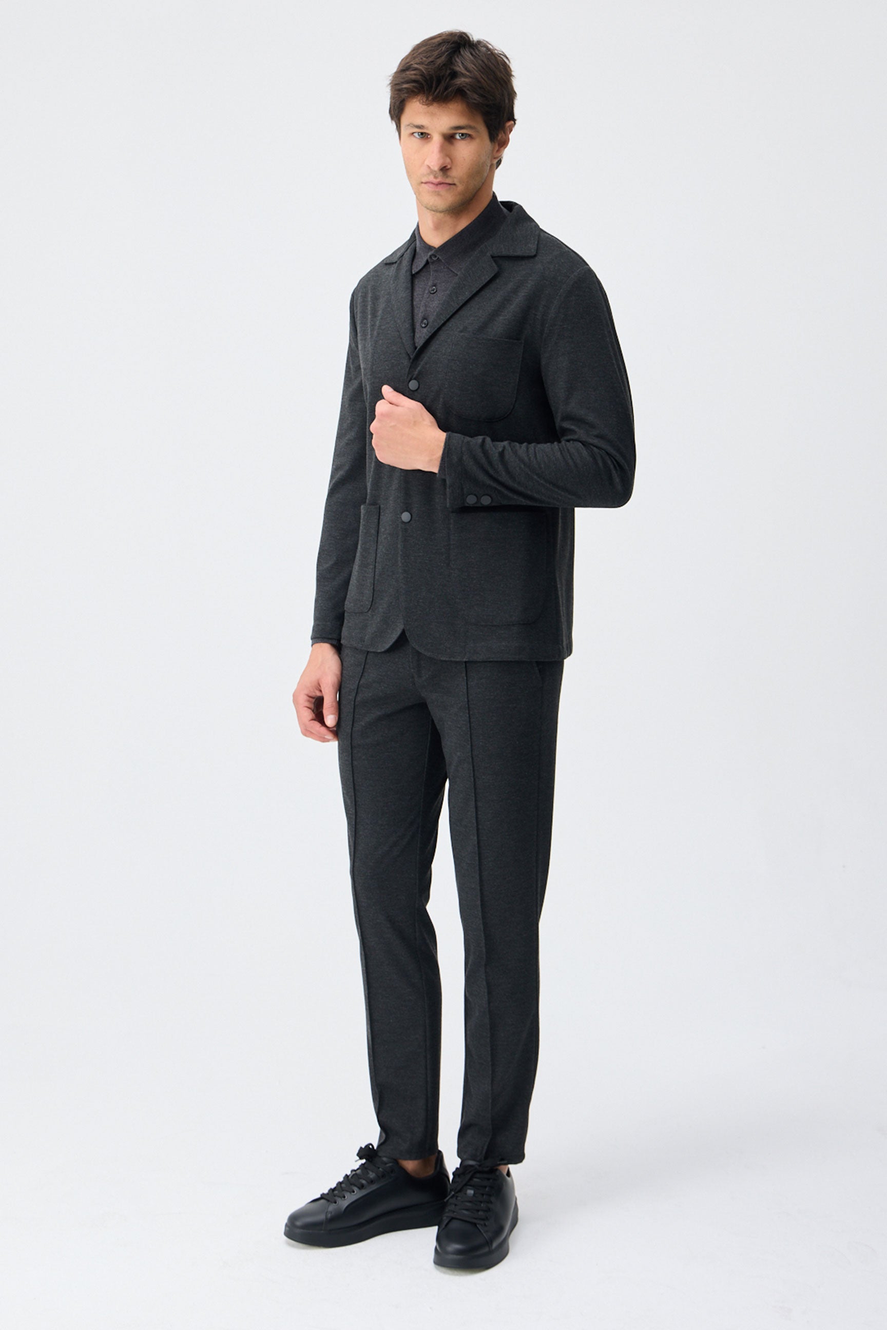 Herenblazer van zachte, antracietkleurige jersey, smart casual model